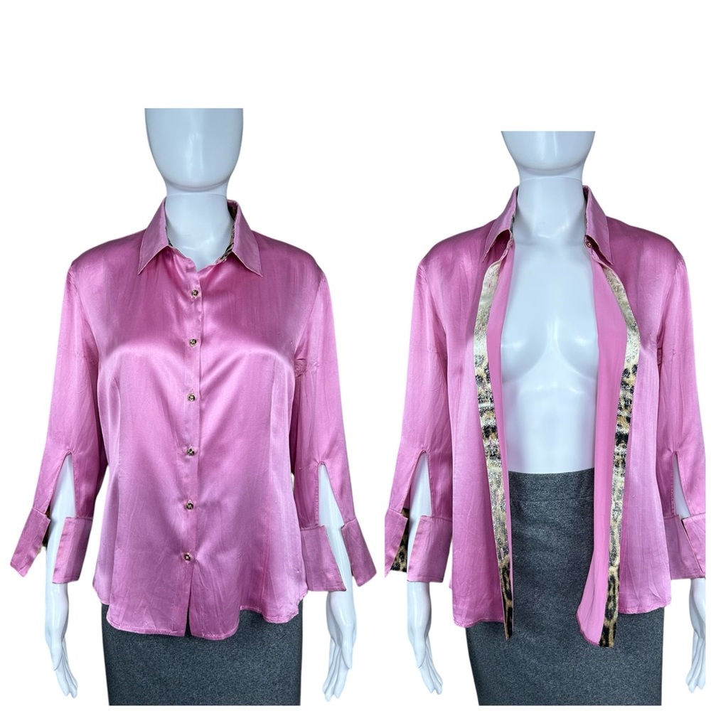 Roberto Cavalli Vintage Silk Top Button Down Shirt Size L Pink Animal Print Trim